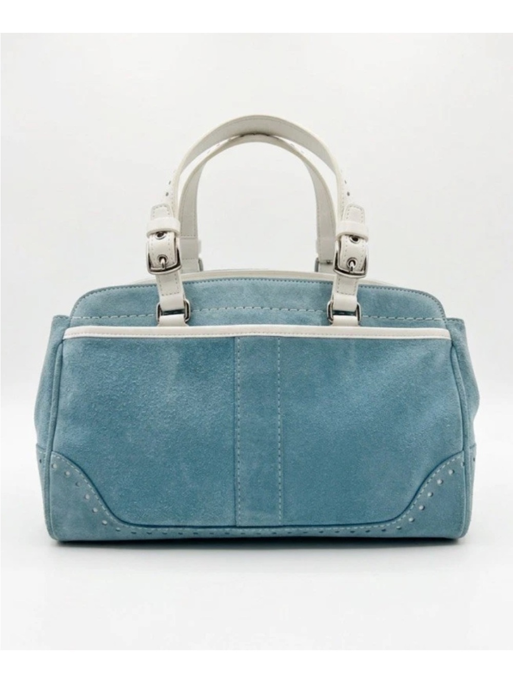 Coach Hamptons Satchel/Wristlet Set, Baby Blue Suede, White Leather Trim VINTAGE - Picture 4 of 13